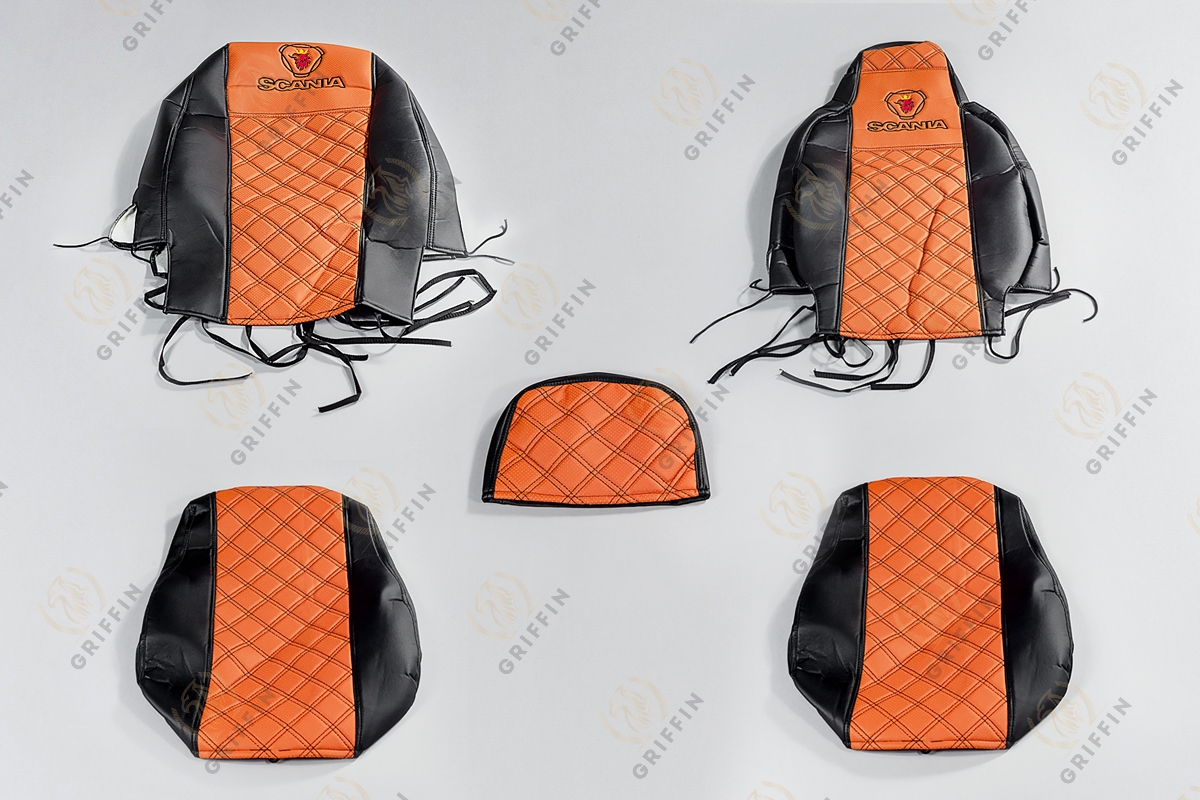 21531 Чехлы на сиденье премиум кожа 6 серия черный+оранжевый (1 высокое/1 низкое)